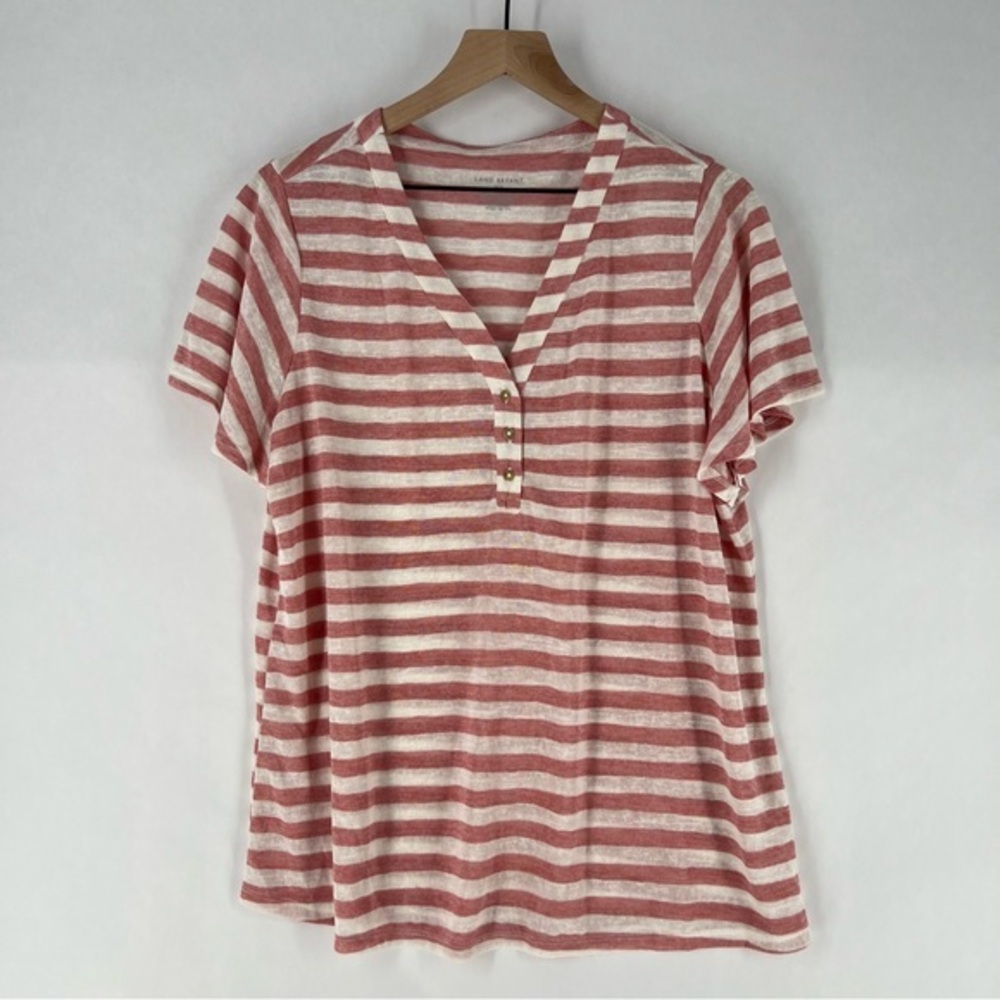 Lane Bryant Striped Lightweight Slub Knit V Neck Button Chest Flutter Sleeve Top
